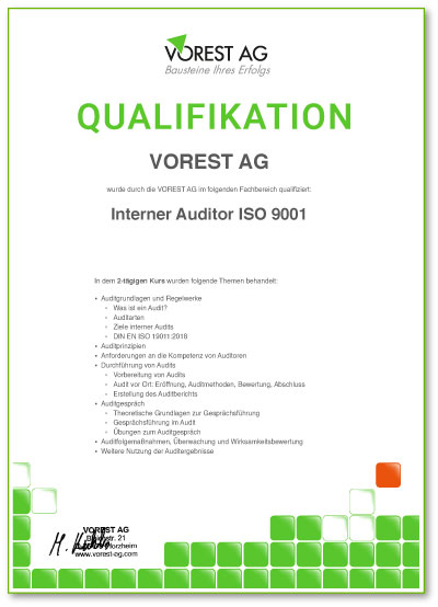 Qualifikationsbescheinigung einer Arbeitsschutzunterweisung online der VOREST AG auf Deutsch