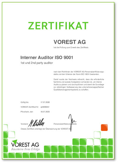 Zertifikat einer Arbeitsschutzbelehrung mit abschließender Prüfung bei der VOREST AG auf Deutsch